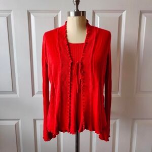 Vintage Y2K Red Cottagecore Fairy Ruffle Knit Cardigan Tank Set Lettuce Hem Lrg